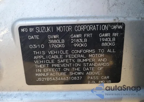 2010 Suzuki Sx4 из США, поврежденный, VIN JS2YB5A34A6310837